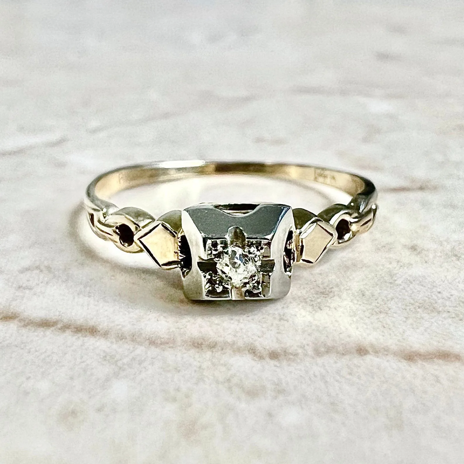 Vintage Art Deco 14 Karat Yellow & White Gold Diamond Solitaire Ring