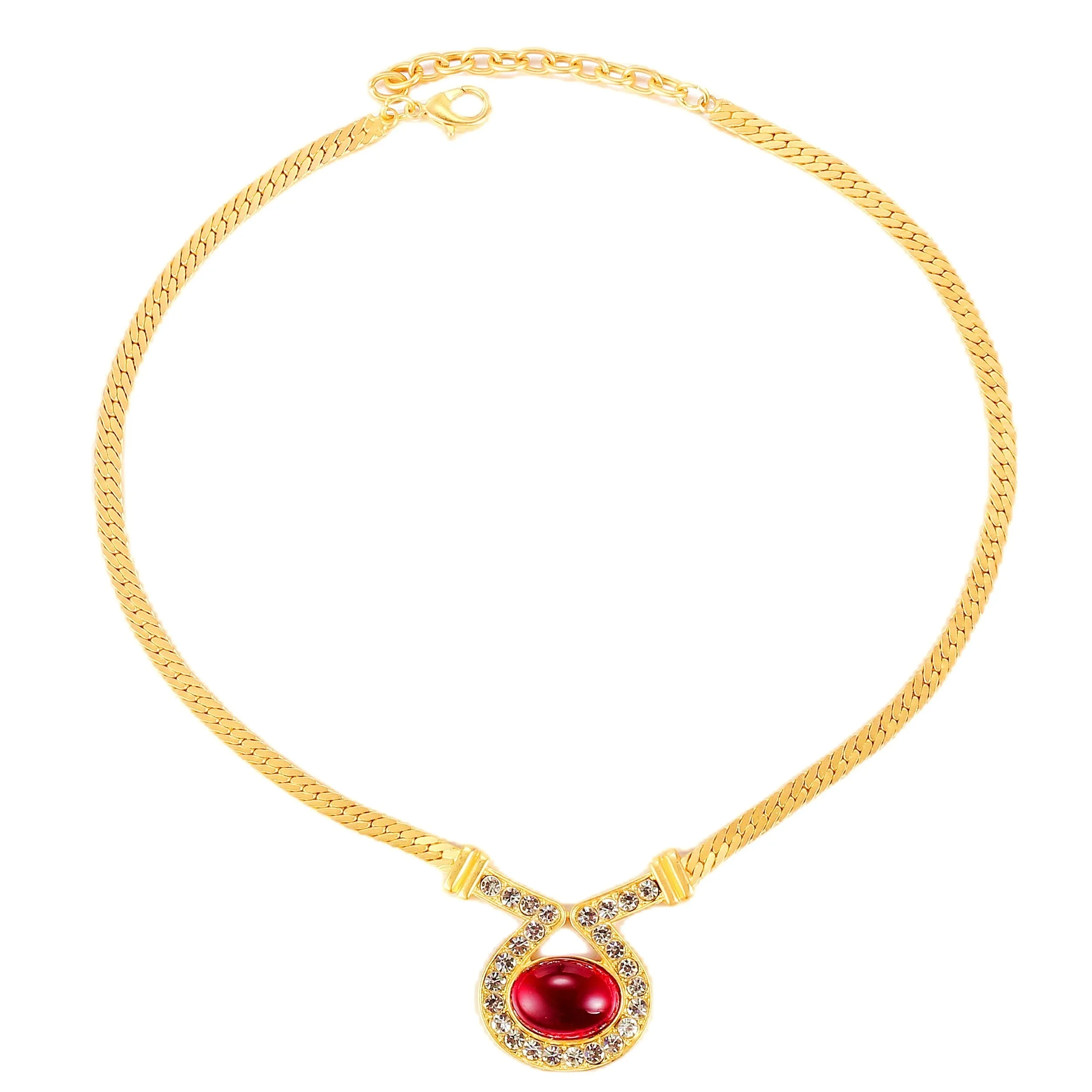 Vintage Inspiration Gold Snake-Link Chain and Red Oval Stone Necklace for Women
