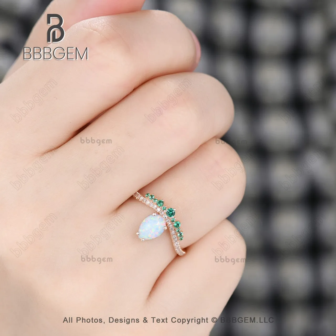 Vintage Opal Emerald Engagement Ring October Birthstone Art Deco Rose Gold Diamond Band