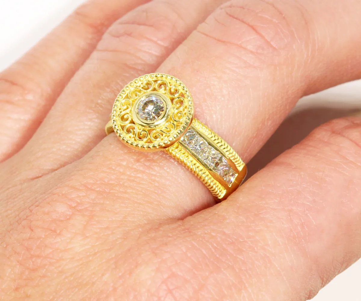 Vintage Swirl Engraved Halo Wedding Ring
