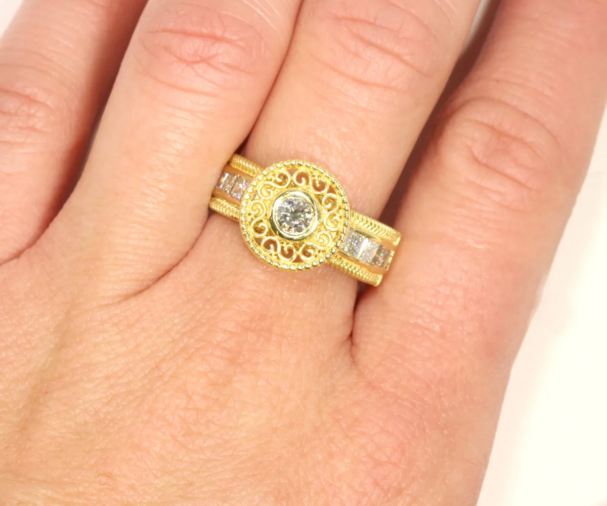 Vintage Swirl Engraved Halo Wedding Ring