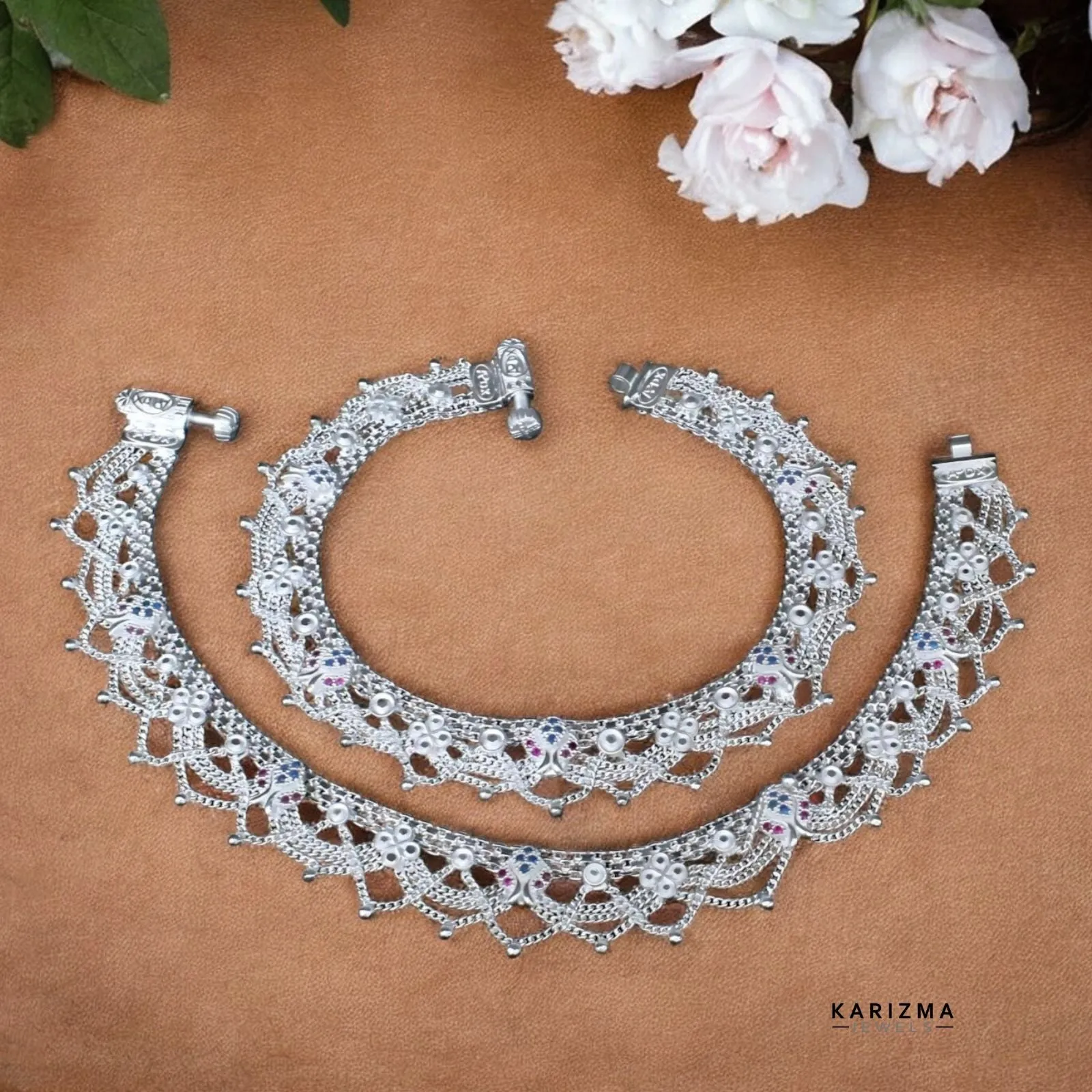 Wedding Wear Sterling Silver Indian women Anklets Ankle Pair 10.2"