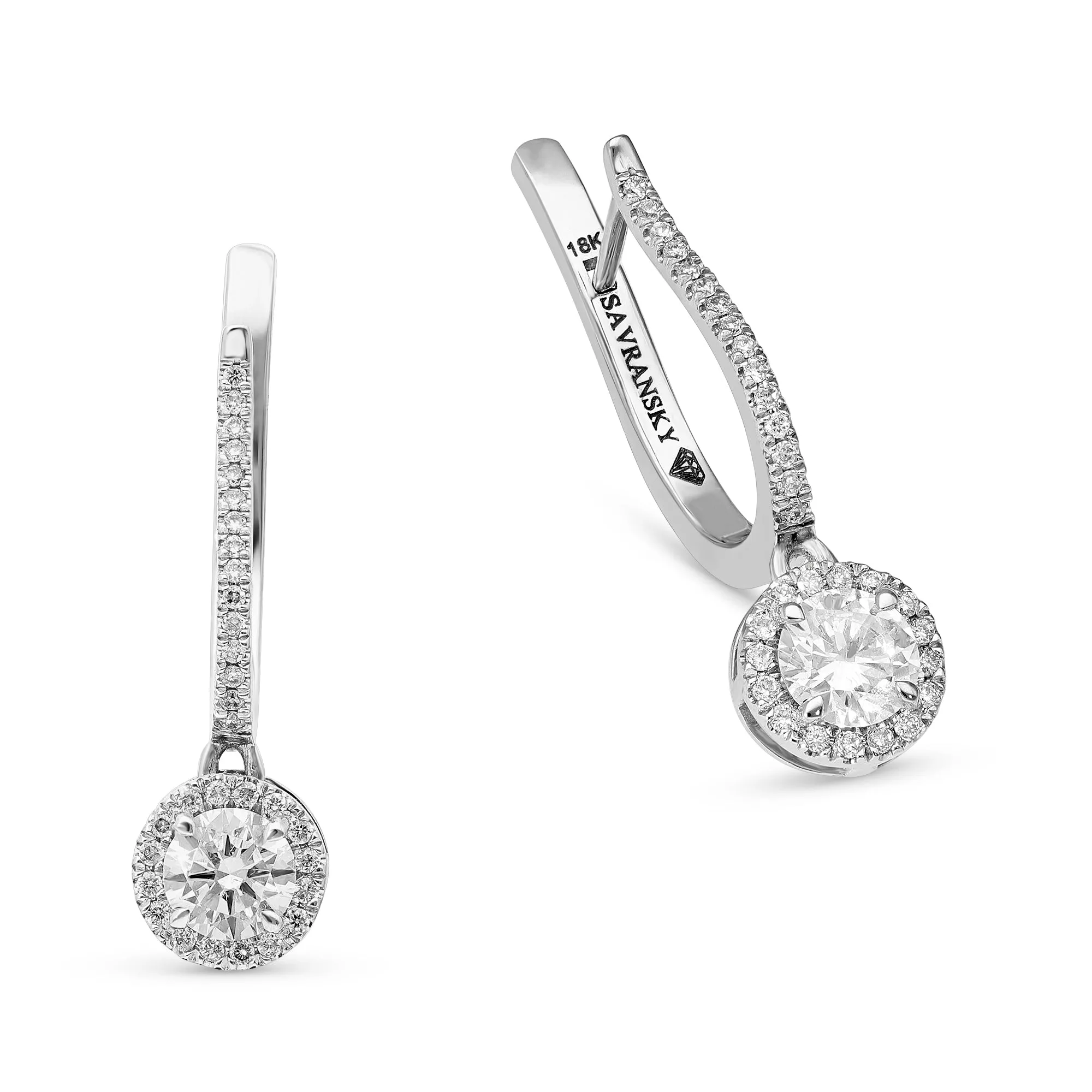 White Gold Round Brilliant Cut Diamond Halo Drop Earrings - 1.3 Carat
