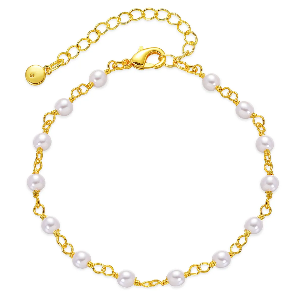 White Pearl & 18K Gold-Plated Round Station Anklet
