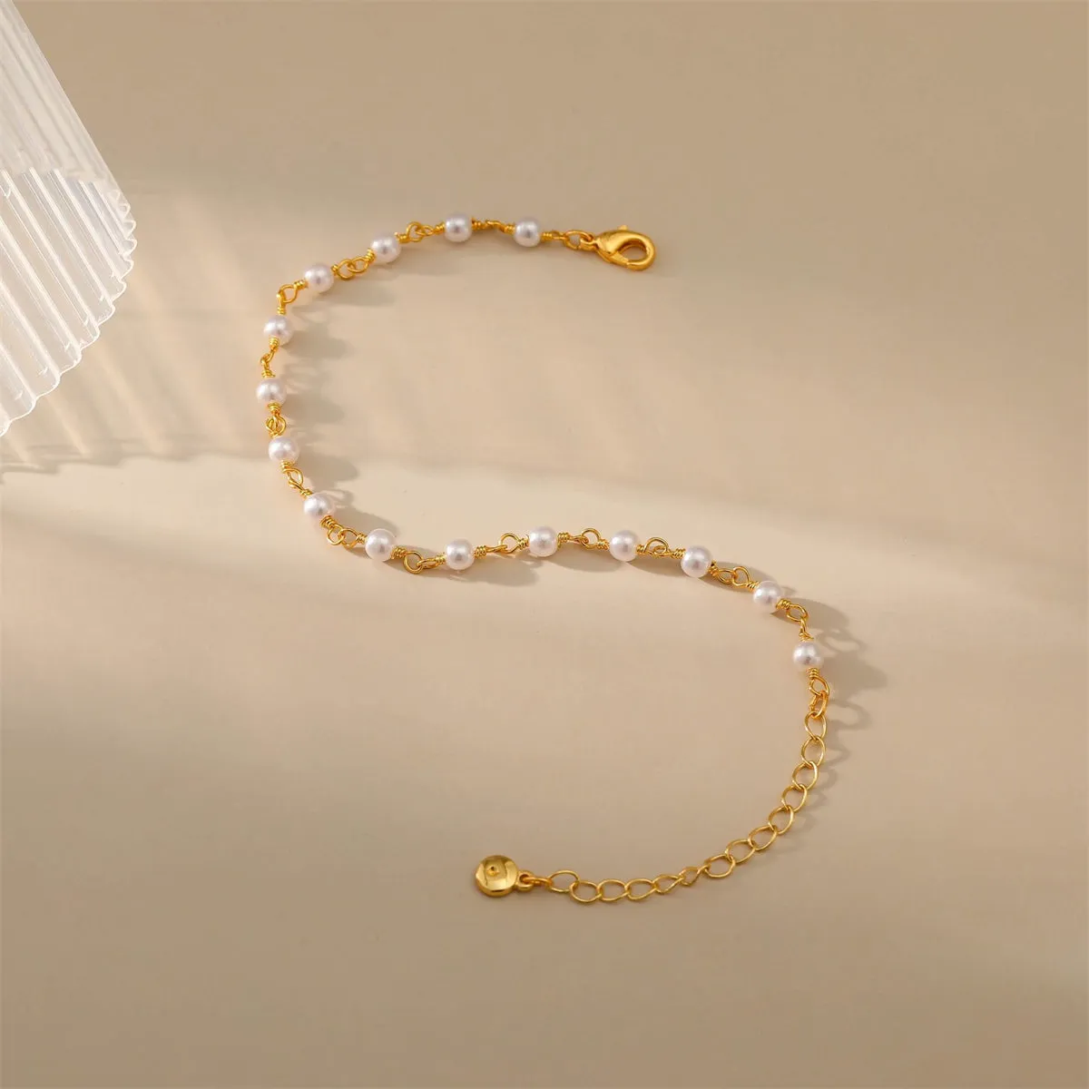 White Pearl & 18K Gold-Plated Round Station Anklet