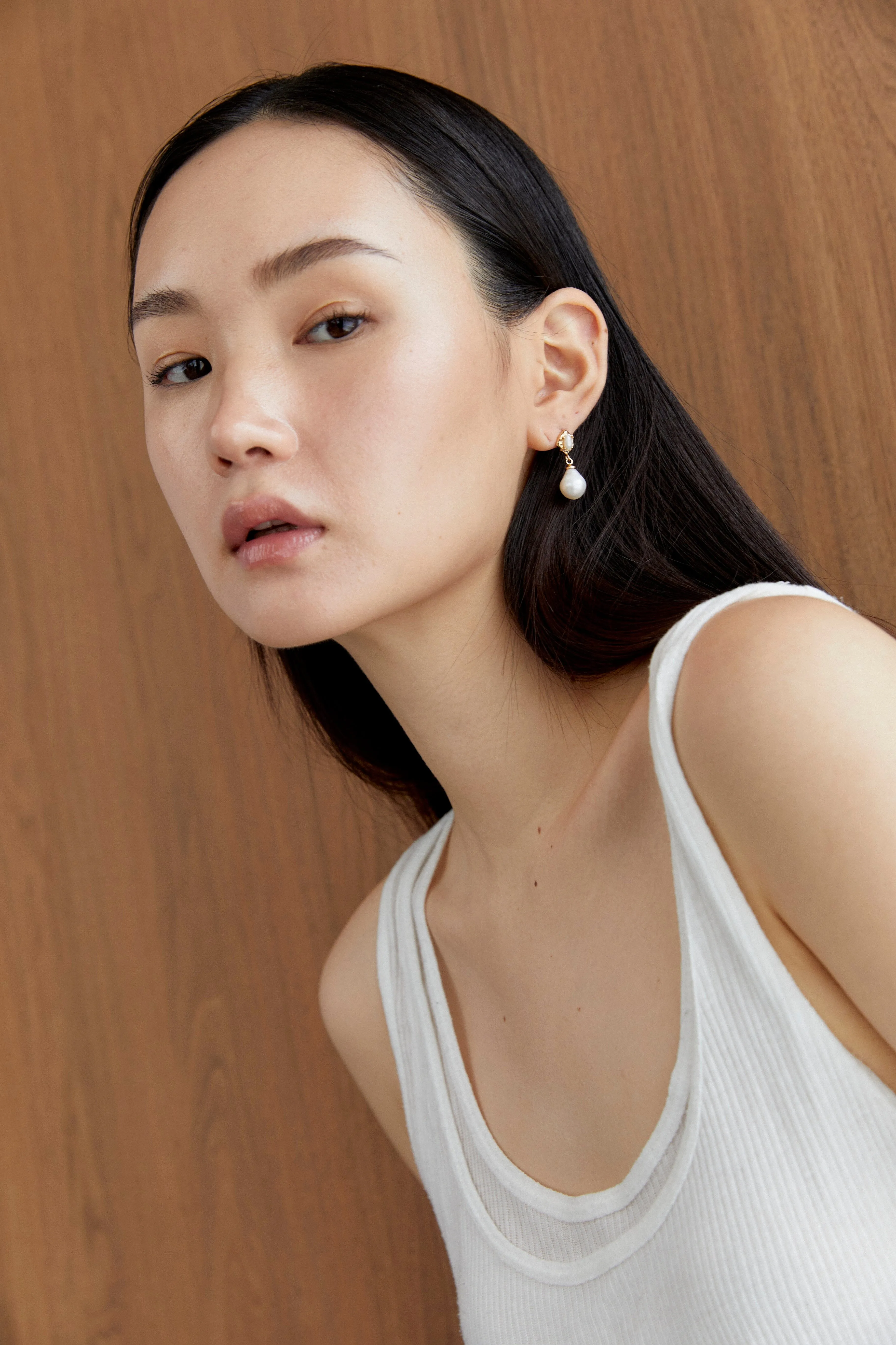 White Pearl Gold Drop Earrings
