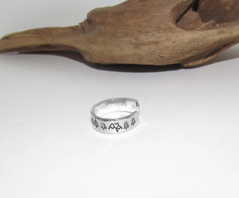 Wolf ring ,mountain ring, Personalized Adjustable stamped ring, turtle lover stamped jewelry, boho beachring