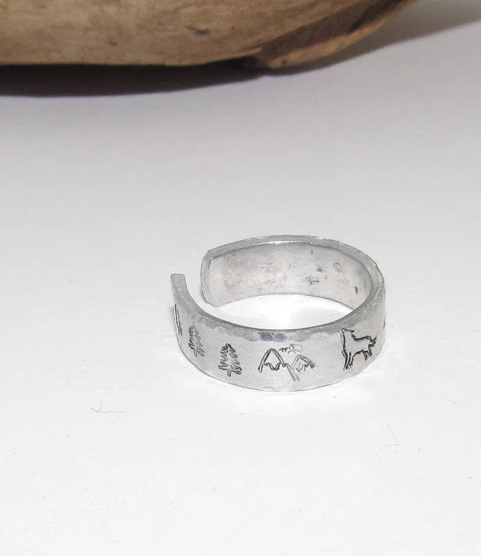 Wolf ring ,mountain ring, Personalized Adjustable stamped ring, turtle lover stamped jewelry, boho beachring