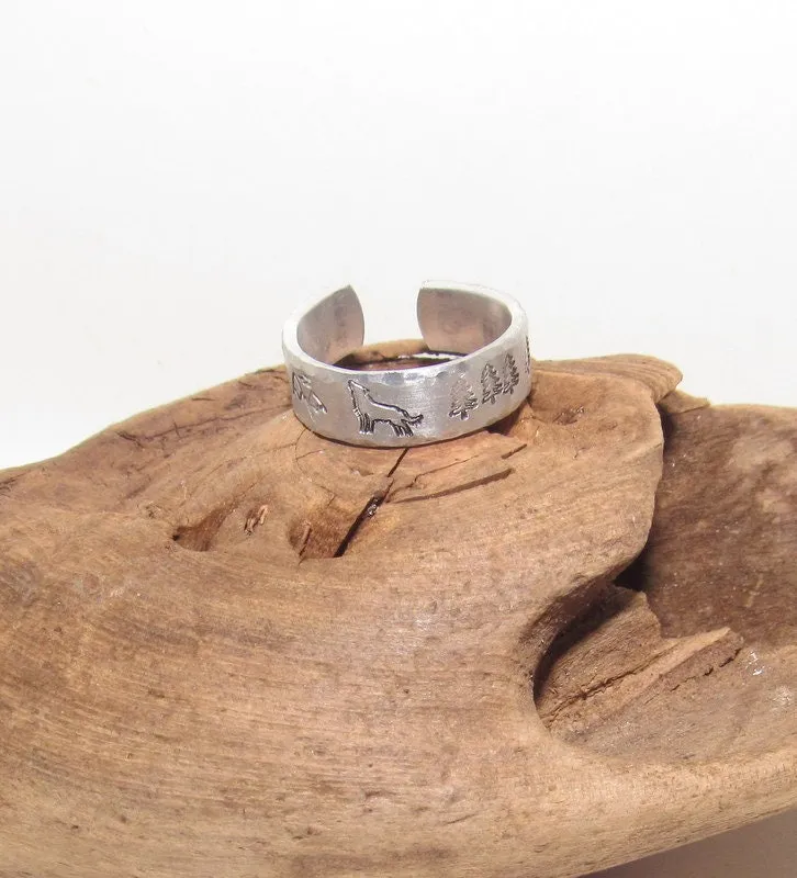 Wolf ring ,mountain ring, Personalized Adjustable stamped ring, turtle lover stamped jewelry, boho beachring