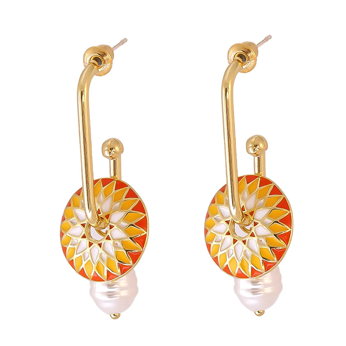 Yellow Enamel & Pearl 18K Gold-Plated Lotus Drop Earrings