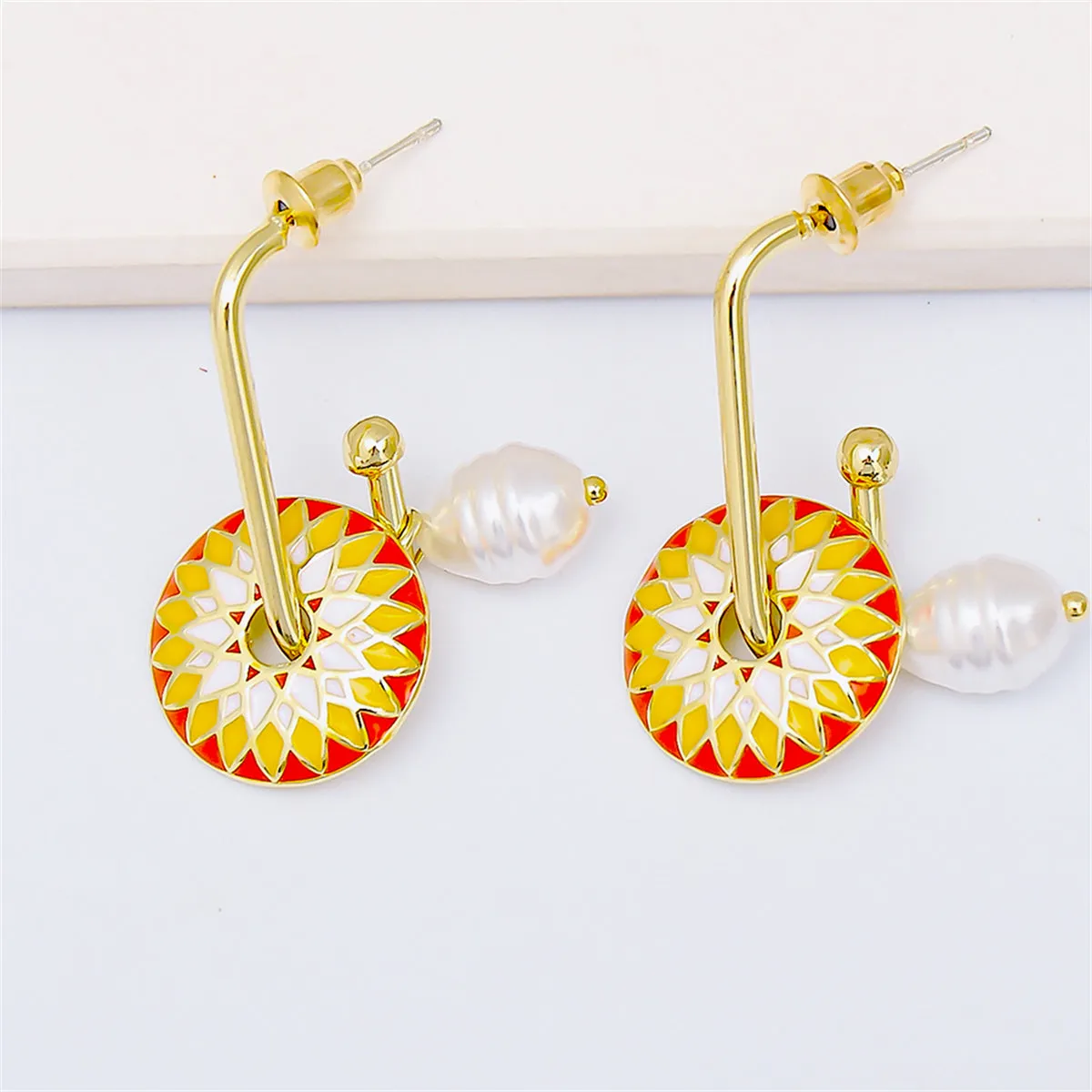Yellow Enamel & Pearl 18K Gold-Plated Lotus Drop Earrings