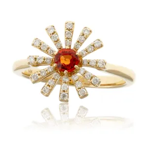 Yellow Gold Sun Style Ring with Diamond and Orange Sapphire