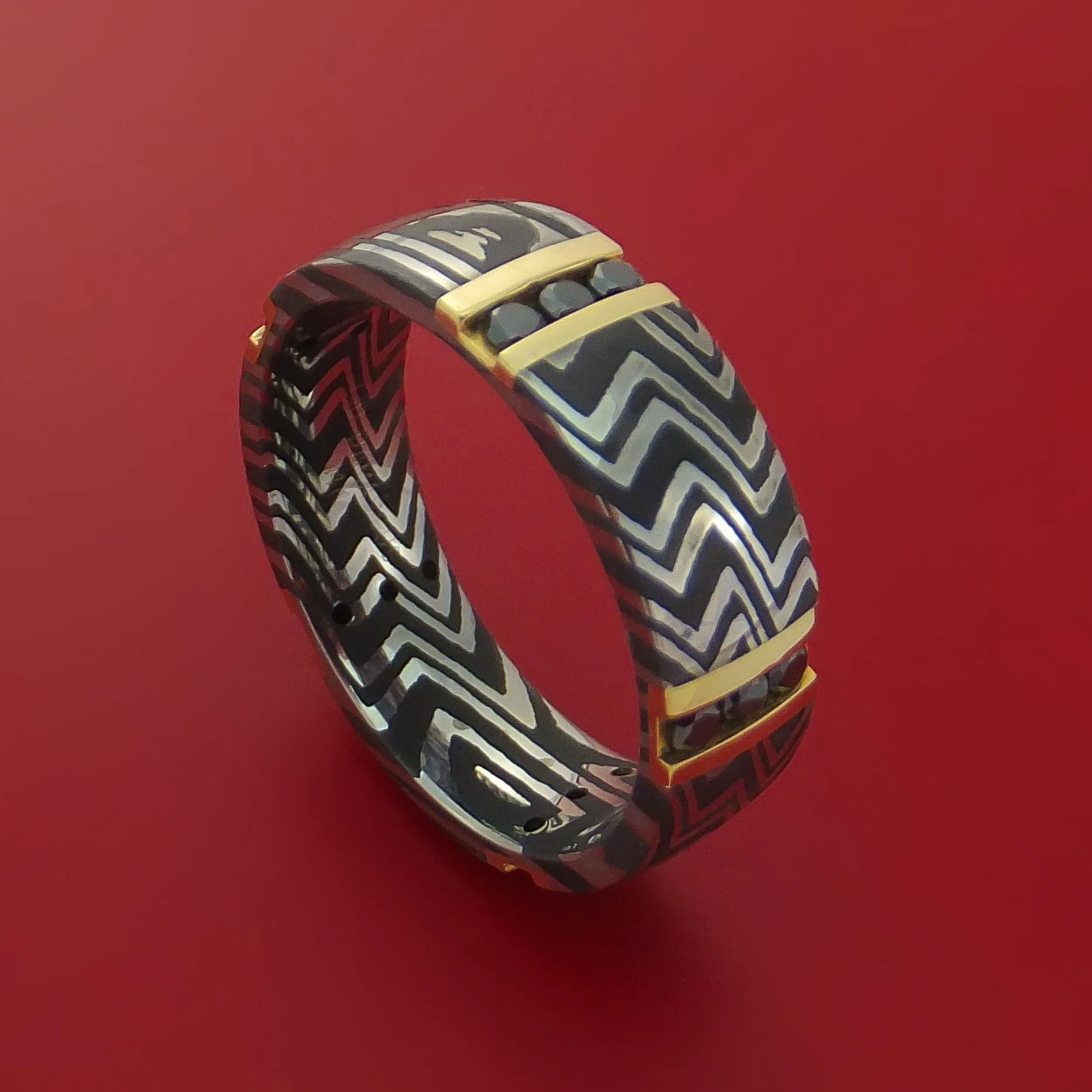 Zebra Damascus Steel Ring with 14K Yellow Gold and Black Diamonds Custom Made Wedding Band