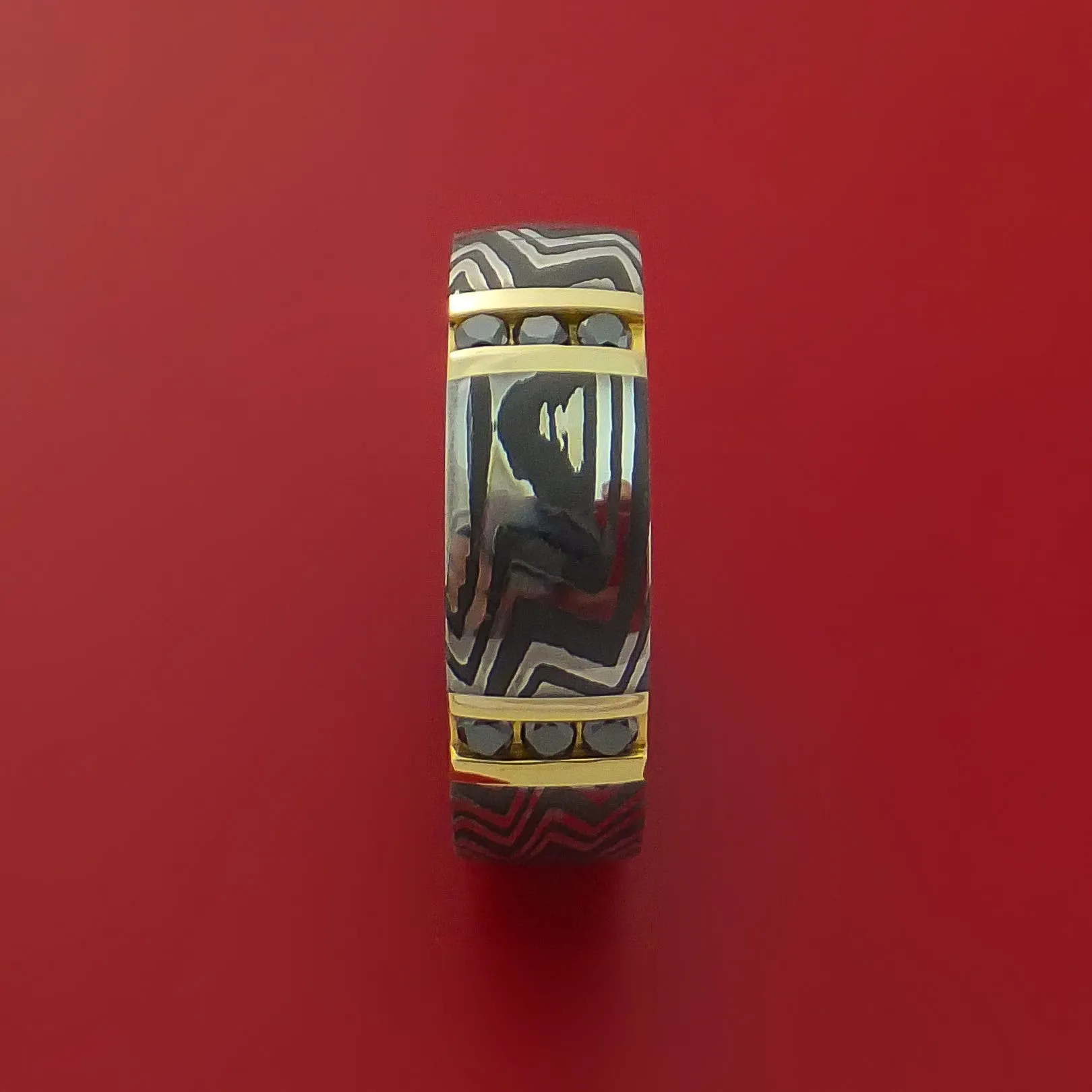Zebra Damascus Steel Ring with 14K Yellow Gold and Black Diamonds Custom Made Wedding Band