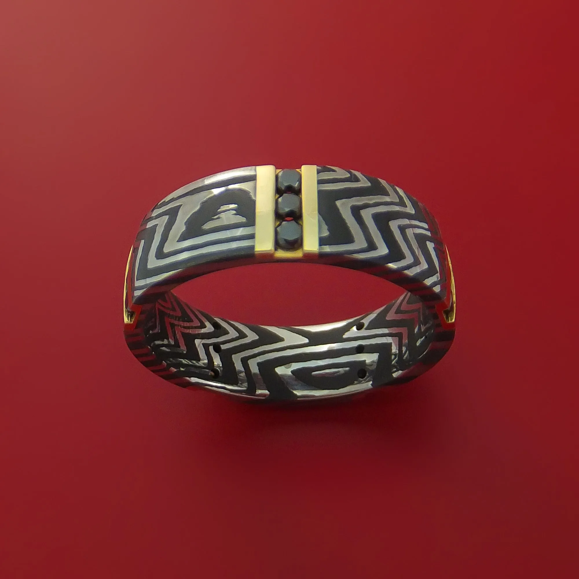 Zebra Damascus Steel Ring with 14K Yellow Gold and Black Diamonds Custom Made Wedding Band