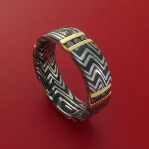 Zebra Damascus Steel Ring with 14K Yellow Gold and Black Diamonds Custom Made Wedding Band