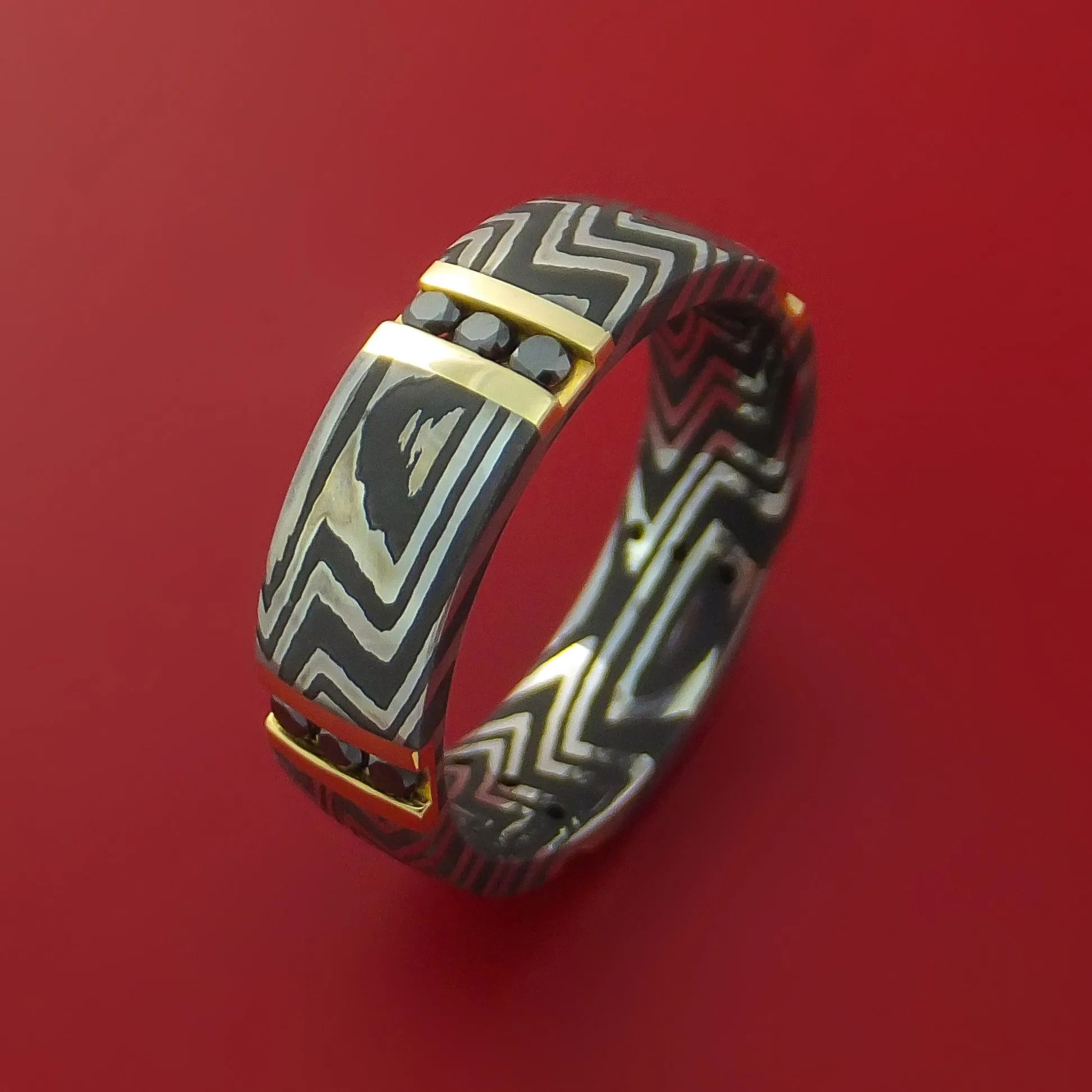 Zebra Damascus Steel Ring with 14K Yellow Gold and Black Diamonds Custom Made Wedding Band